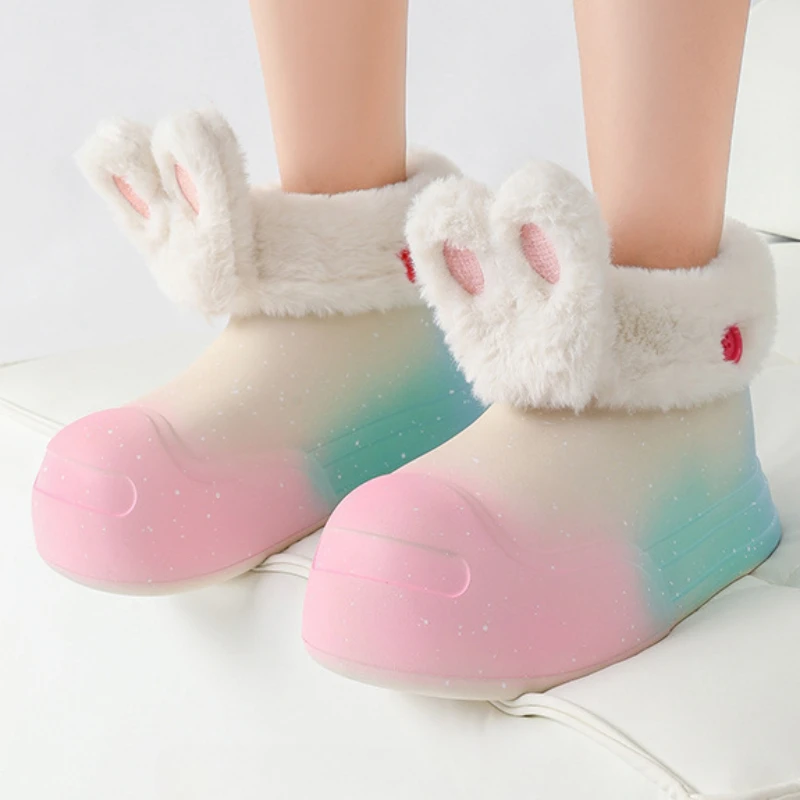

Women Slippers Rabbit Plush Home Shoes Eva Upper Platform Full Wrap Waterproof Cotton Shoes Couple Warm Indoor Snow Boots Shoes