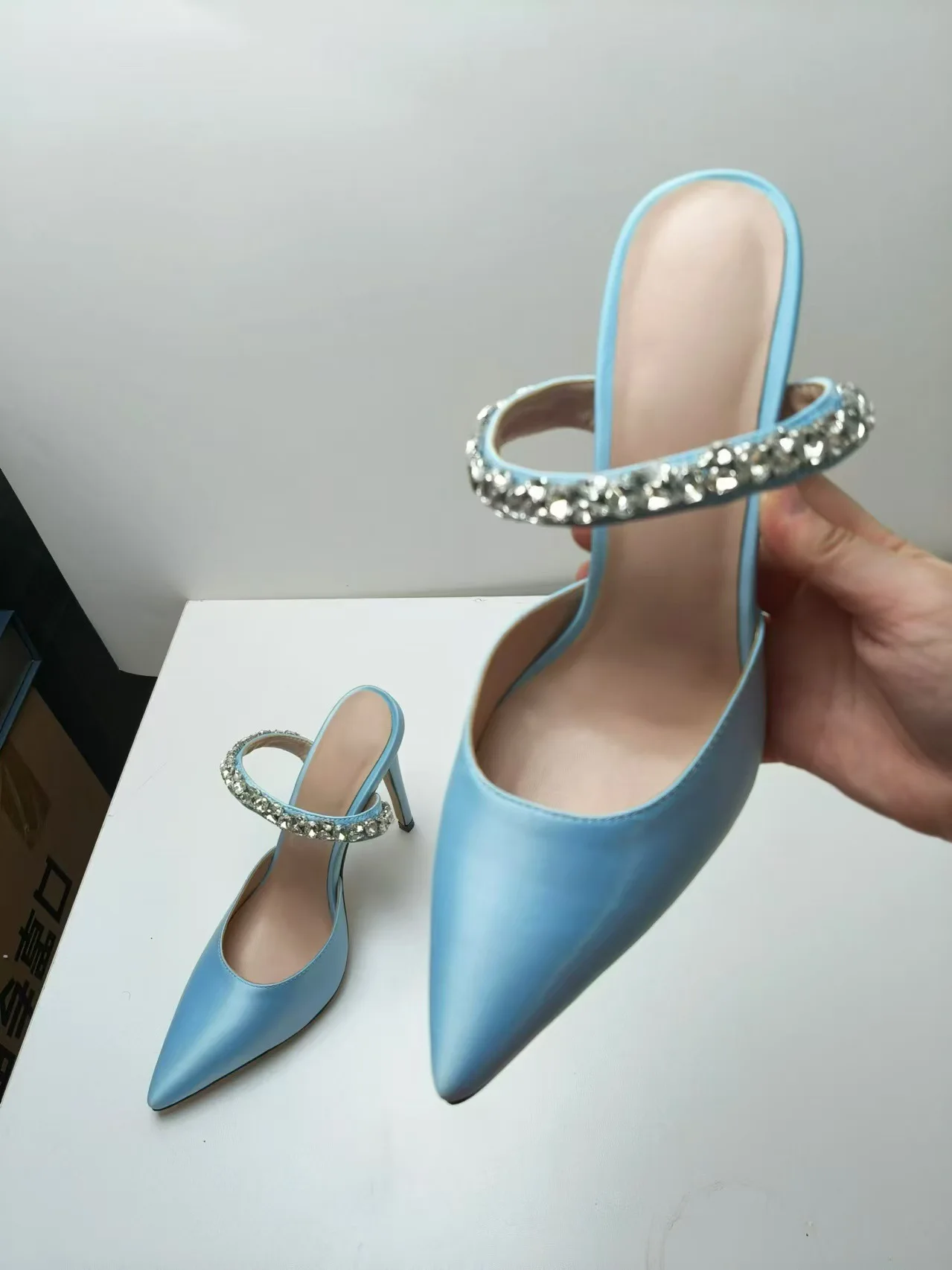 2025 Bling Crystal Ankle Strap Pumps for Women Sexy Pointed Toe Thin Heel Party Shoes Ladies Black White Pu Leather High Heels 3
