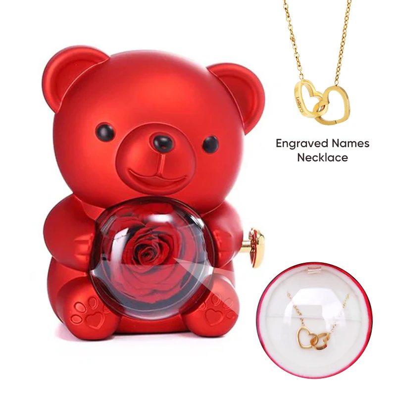 

Preserved Red Rose Teddy Bear Jewelry Gift Box with Necklace for Women Mom Wife Girlfriend Valentines Day Mothers Day Christmas