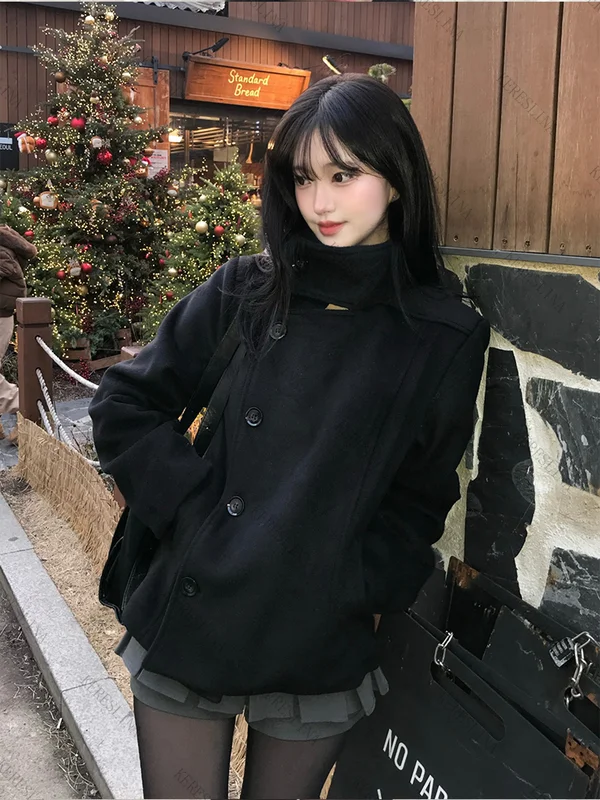 Street autumn/winter solid color women's turtleneck coat Y2K hip-hop retro Harajuku cute casual fashion versatile new women tops