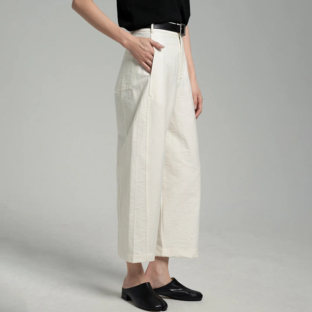 

High Waist Wide Leg Cropped Pants Cotton Capris Women Casual Work