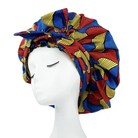 New African Ankara Pattern Satin Linned Bonnet Women Long Ribbon Headwrap Double Layer Headscarf Big Size Adult Hair Cover 2