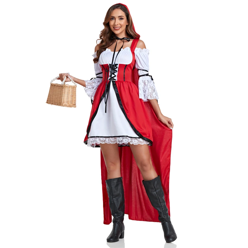 

Lady Adult Little Red Riding Hood Costume for Women Fancy Halloween Cosplay Carnival Fairy Tale Plus Size Girl Dress Cloak