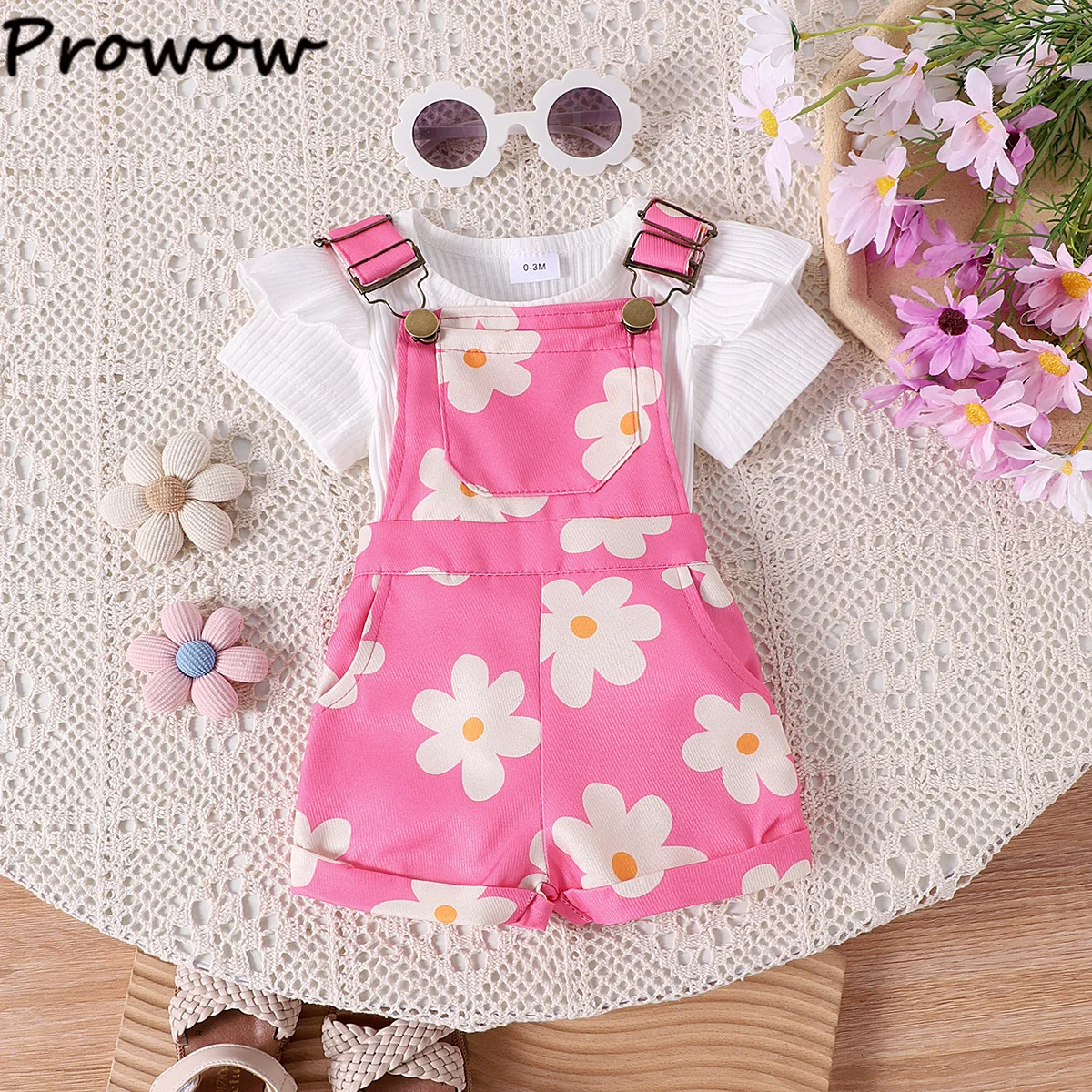 Prowow 여아 의류 세트, 반팔 화이트 바디 수트, 서스펜더 프랑지파니 작업복, 투피스 복장