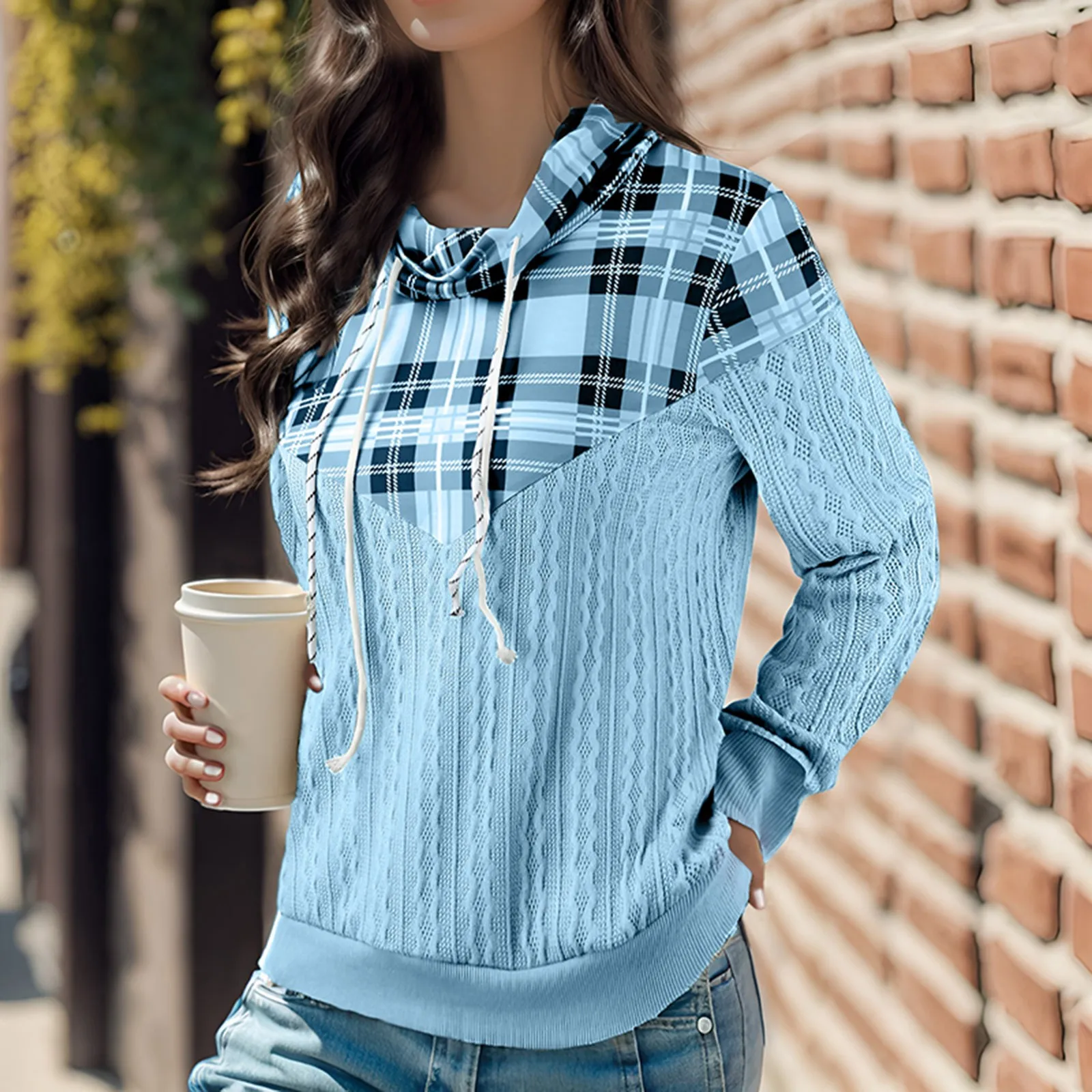 

Cute Baggy Shirt Women's Patch Collar Sweatshirt In Plaid Print Patchwork Fabric With Pockets Ladies Hooded Sweatshirt Dress