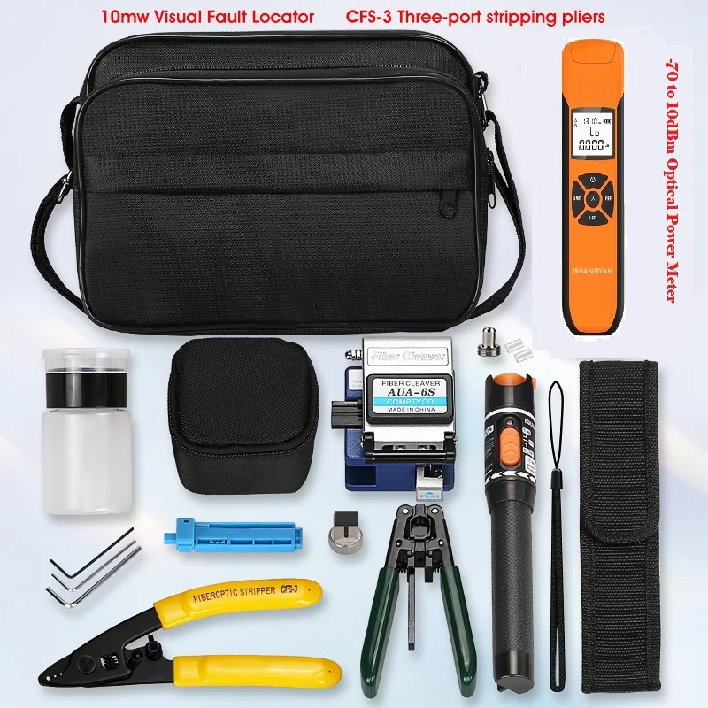 

19pcs/set FTTH Fiber Optic Tool Kit with Fiber Cleaver -70~+10dBm Optical Power Meter Visual Fault Locator 10mw