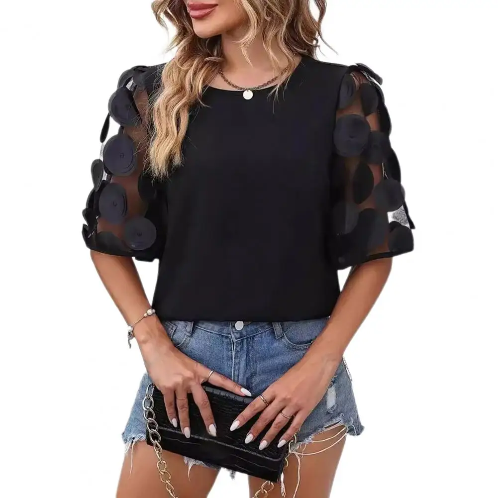 Women Chiffon Top Stylish Women's Summer Shirt With 3d Flower Pattern Loose Fit Tee Shirt For Streetwear O-neck Half Sleeve Top