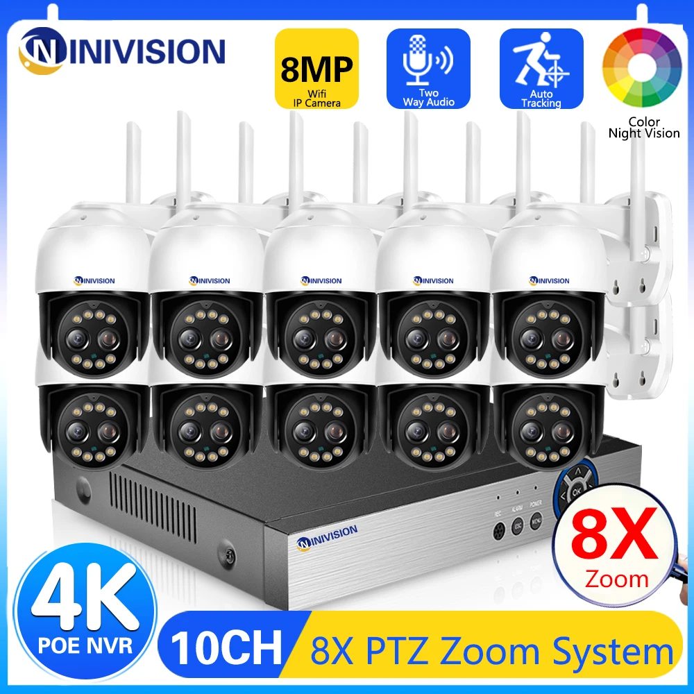 8MP 4K PTZ IP Camera 8x Zoom Dual-Lens Human Detect 4K CCTV POE NVR Outdoor CCTV Wifi Video Surveillance 10CH System XMeye