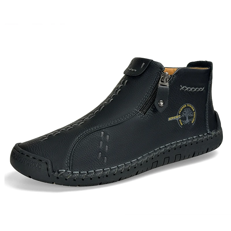 Handmade Leather Casual Shoes Leather Sneakers Casual Sneakers Men Flat Footwear Zipper Leather Boots Ankle Plus Size 39-48