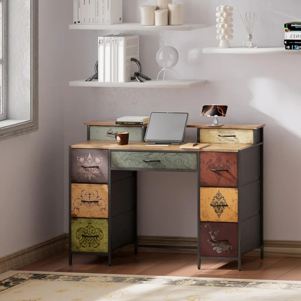 9 Drawer Fabric Dresser with 2 Shelves, Wood Top Metal Frame Floral Pattern Storage Cabinet for Bedroom