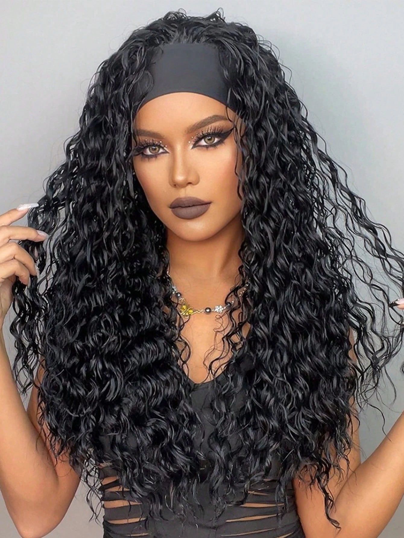 Black Synthetic Curly Headband Wig for Women Deep Water Wave