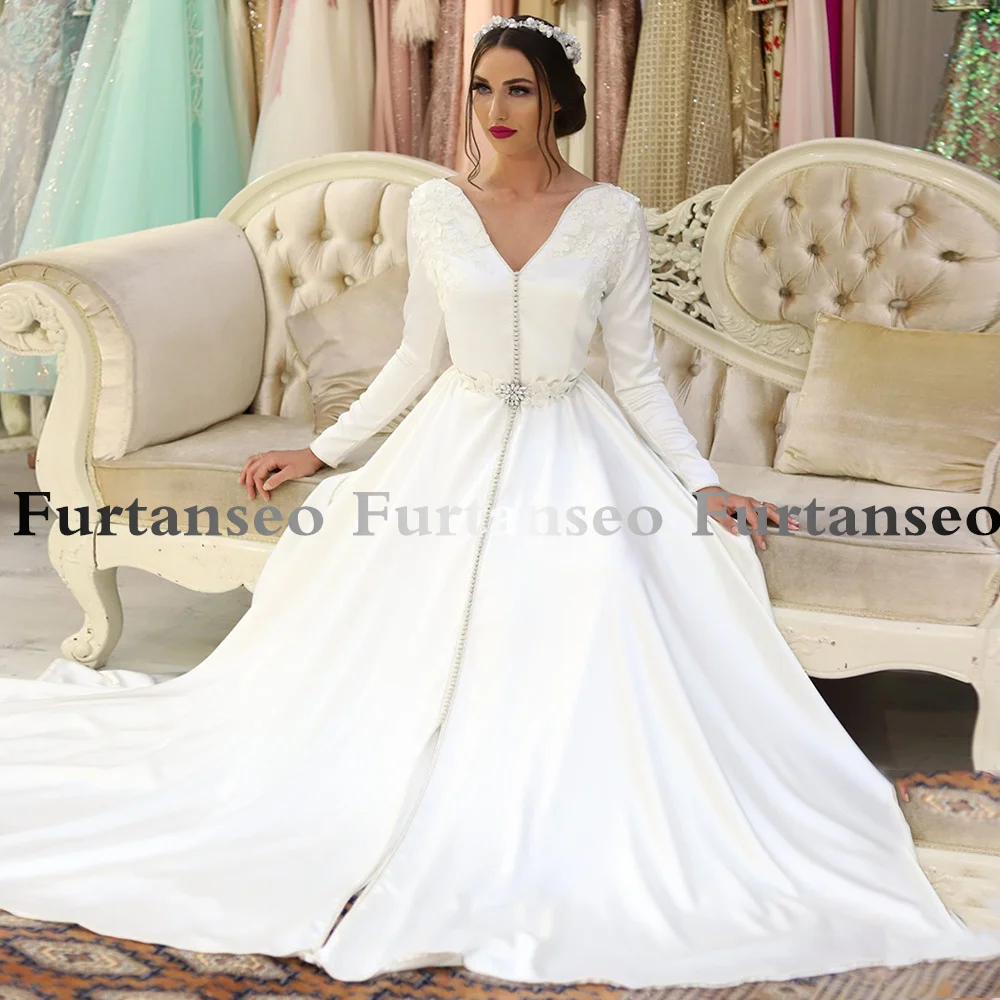 

Furtanseo Moroccan Kaftan Evening Dress V Neck Beading Stones Sweep Train Saudi Arabic Satin Prom Dresses Muslim Party Gown