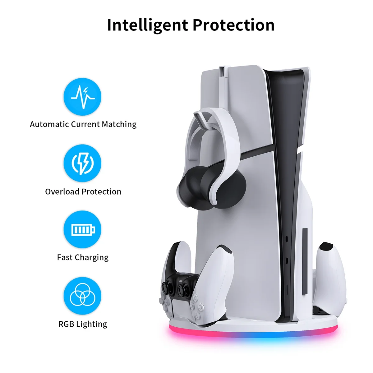 For PS5 slim Console Storage Dock with RBG Light Handle Dock Charger + Hook Multifunctional Convenient Console Dock-ABRJ