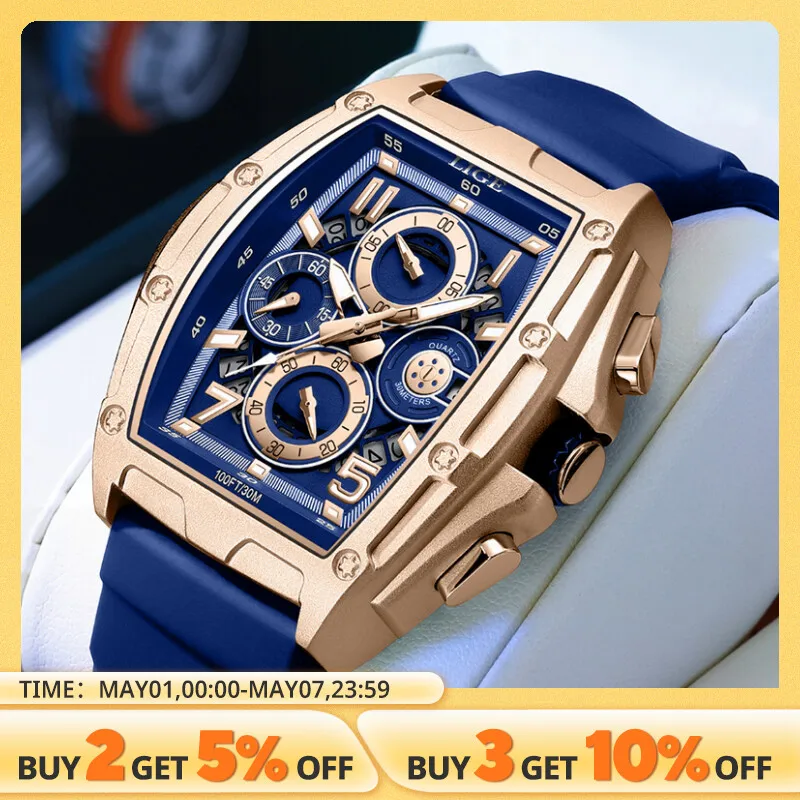 LIGE 남성용 비즈니스 시계, 실리콘 사각 시계, 캐주얼 스포츠 방수 크로노그래프 쿼츠 시계, 남성 패션