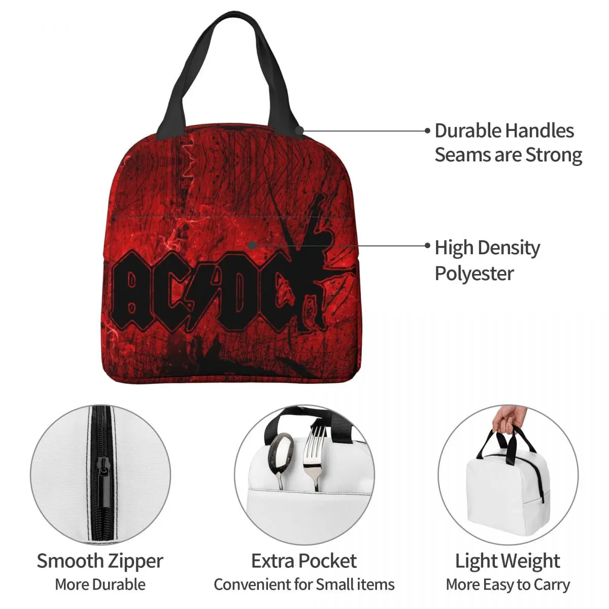 AC DC Concert Insulated Lunch Bags High Capacity Heavy Metal Band Meal Container Cooler Bag Tote Lunch Box Travel Men Women