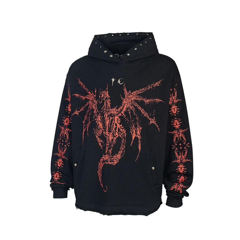 thumbnail image 1 of Sudadera con capucha holgada informal con hebilla de metal y estampado de dragón de Thug Club 24ss de alta calidad para otoño/invierno, estilo coreano de estilo vintage de calle, 1 of 5