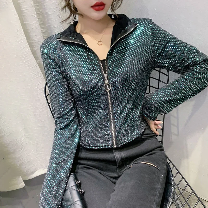 

New Autumn Jacket Women New Glitter Sequined Short Jacket Female Fashion Long Sleeve Design Sense Sexy Bottoming Shirt