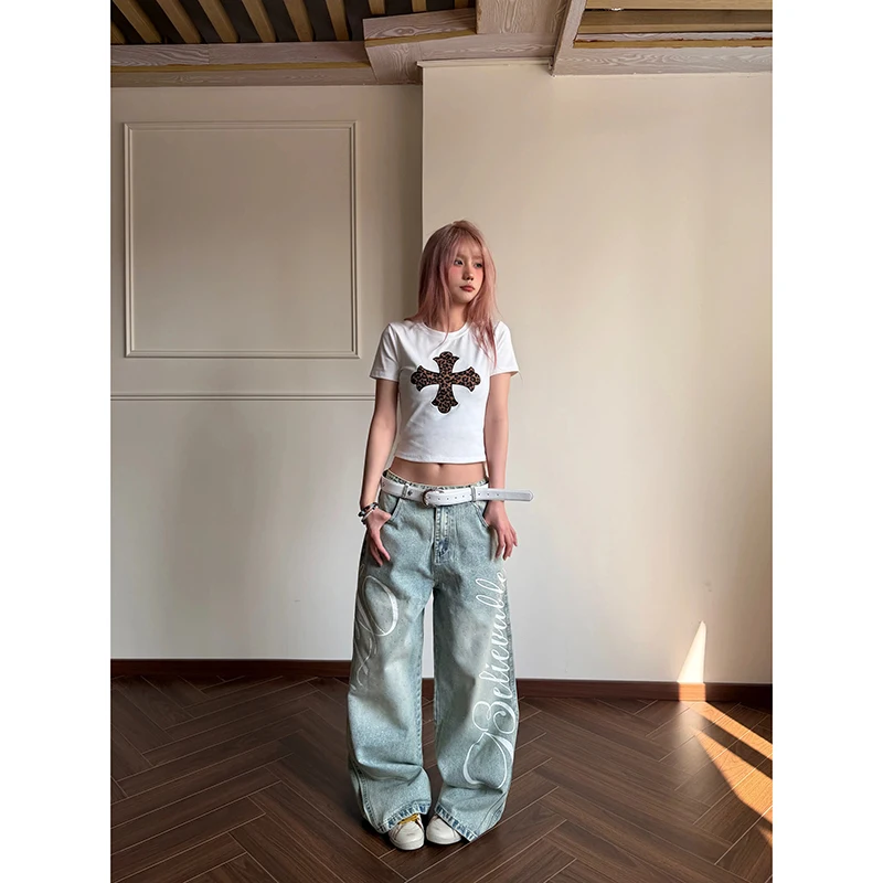 YIBASHU Women Vintage Blue Y2k Baggy Jeans Harajuku Letter Print Denim Trousers Streetwear Japanese 2000s Oversize Jeans Pants 3