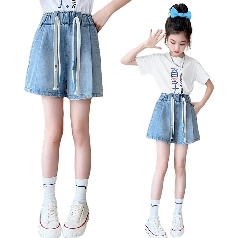 Big Girls Denim Blue Color Jeans Corti Bambini Pantaloncini Elastici In Vita Pantaloni Pantaloni Corti Casual Estivi Per Adolescenti 5 7 8 9 11 12 14 