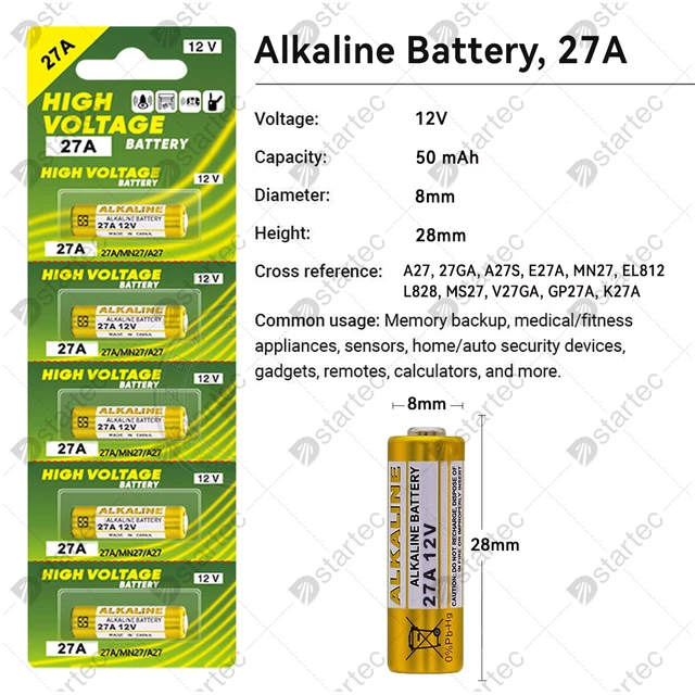 T&E 27A 12V Pile Alcaline - Lot de 5