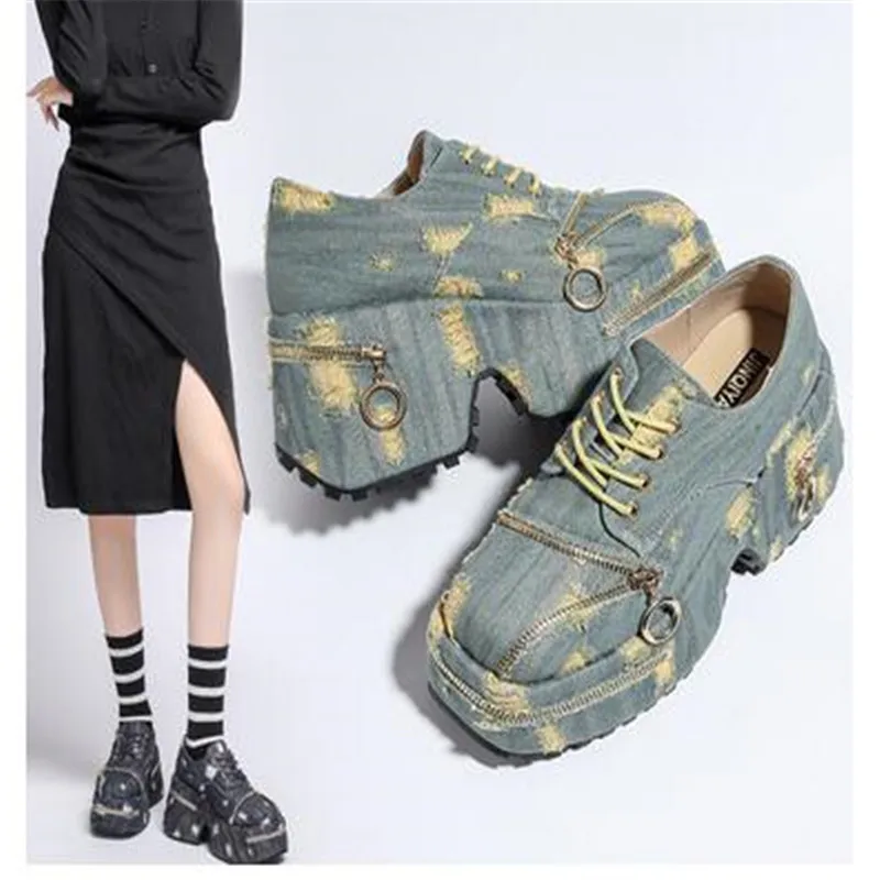 Cowboy High Heels Platform Women Shoes 2023 New Autumn Designer Wedges Zipper Mary Janes Shoes Pumps Chunky Square Toe Zapatos