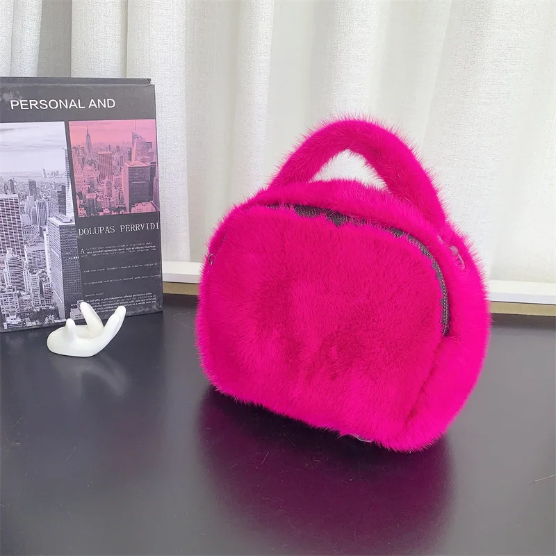 

High Quality Women's Mink Hair Handbag Luxury Design Fur Splicing PU Leather Small Square Bag Soft Fluffy Plush Crossbody Bag