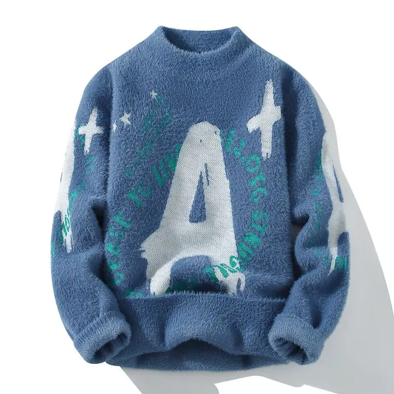 Sweaters for Men and Women CoupleOutfits Trendy Brand Bottoms Half High Necked Casual Knitwear Fashionable and Personalized Text