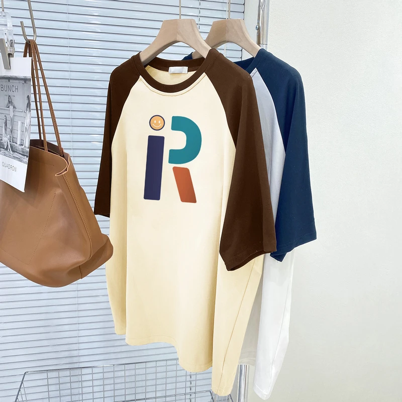 

Women Cotton S-3XL T Shirt Printed Patchwork O Neck Letter Tshirt Short Sleeve Top 200lbs Women Summer Oversized T Shirt