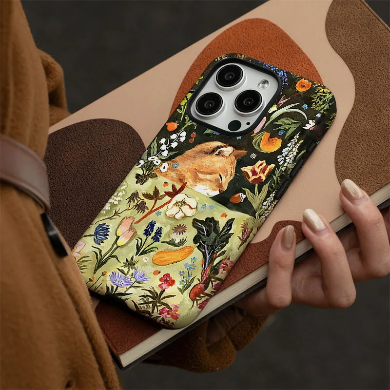 Floral Cat Pattern Dual-Layer Protective Phone Case
