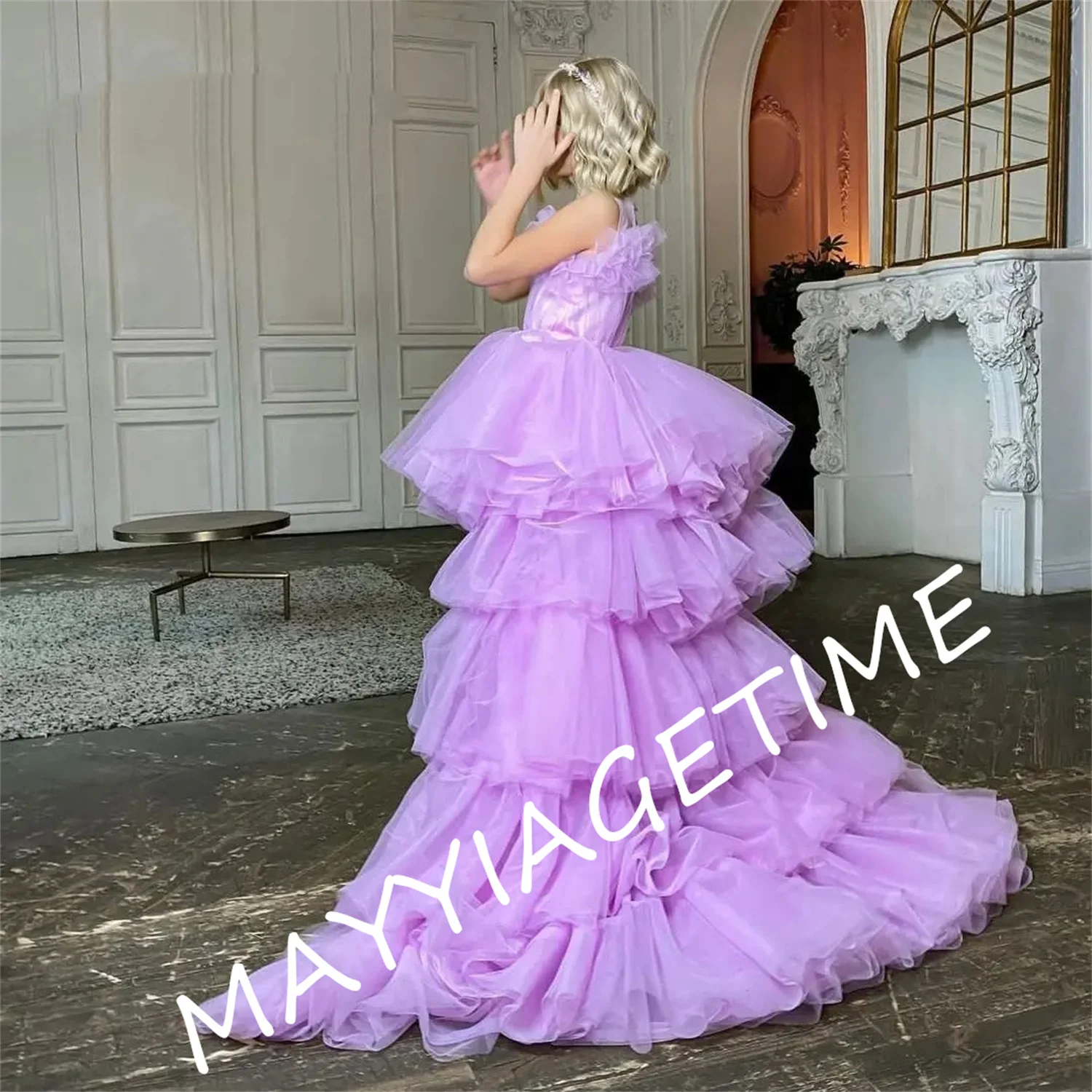 

Red Flower Girl Dress Puff Sleeves Girls Princess Wedding Party Dress High Low Girl Party dresses for girls-flowers