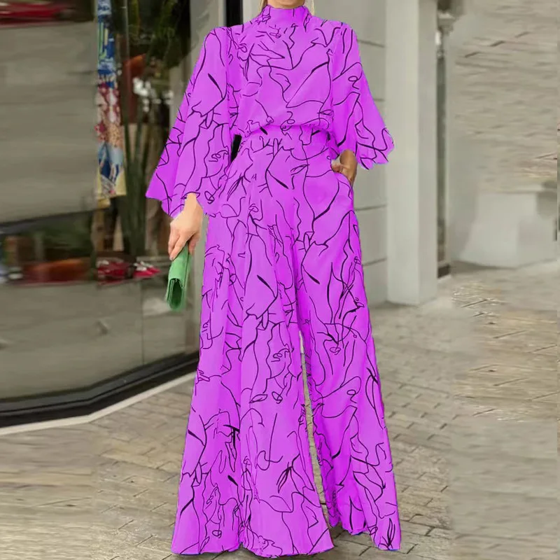

Commute Pattern Printed Wide Leg Pants Office Overall Fashion High Waist Romper Chic New Women Long Sleeve High Collar Jumpsuit