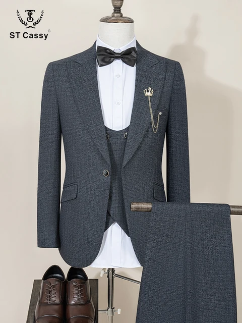 بدلة رجالية كاملة عالية الجودة من ST Cassy أنيقة بقصة ضيقة للرجال لحفلات الزفاف والعريس بدلة عمل نسخة سميكة للمكتب 1