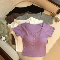 Korean Sle Slim Fit ort Sve T-irt with Chest Pad Inteated Design Casual Pure Color Summer Top for Young Women