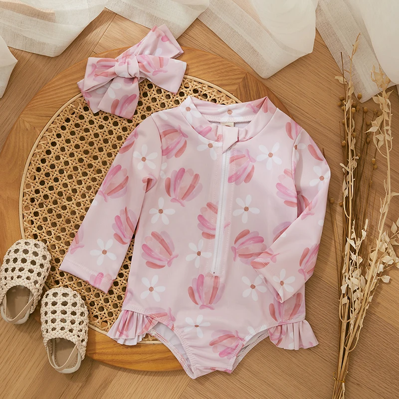 Children Swimwear Summer Baby Girls Swimsuit Beach Wear Cute Princess Infant Swimwear Floral/Ice Cream Print Long Sleeve Zip Up Kids Bathing Suit
