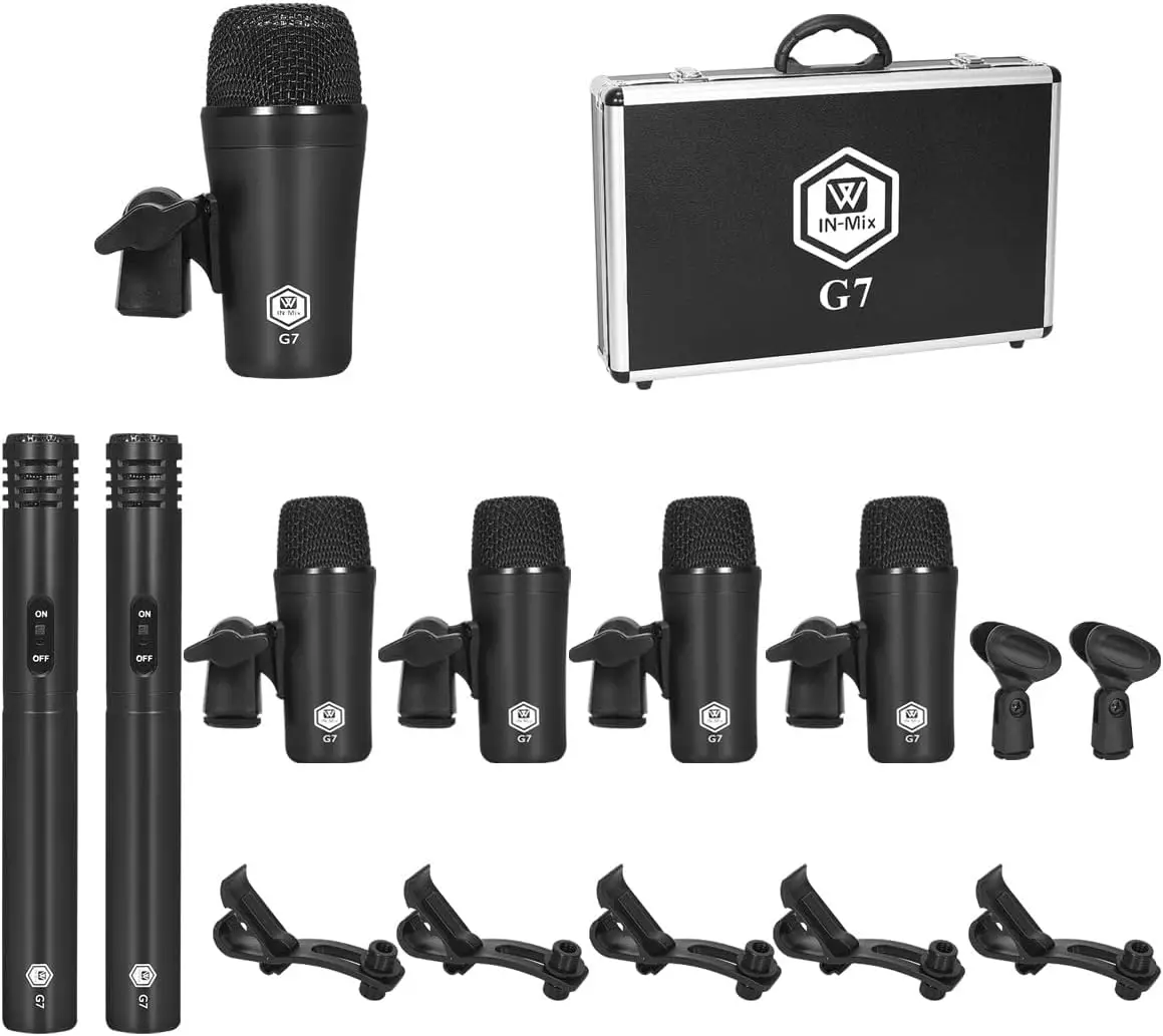 

G7 7-Piece Wired Dynamic Drum Mic Kit (Whole Metal)- Kick Bass, Tom/Snare & Cymbals Microphone Set - Use for , Vocal, Instr