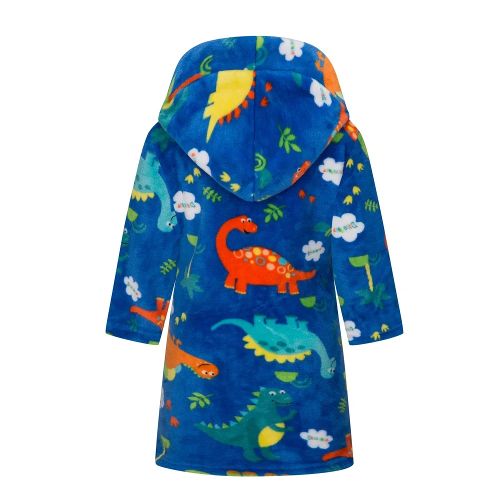Kids Pajamas Set Hooded Dinosaur Printed Flannel Bathrobe Boys Astronaut Cartoon Soft Warm Long Sleeves