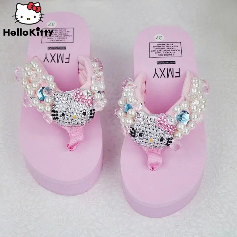 Hello Kitty Kawaii Soft Flip Flop Sandals Y2k Beach Slides Shoes Women Casual Wedge High Heels Platform For Slippers Ladies Gift