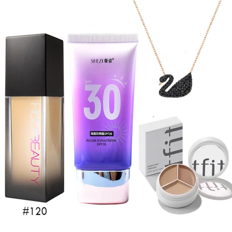 

4PCS HUDA Base Makeup Set Foundation Shezi Sunscreen TFIT Concealer Lipsticks Eye Shadow Beauty Makeup Combo Beauty Women Cosmet