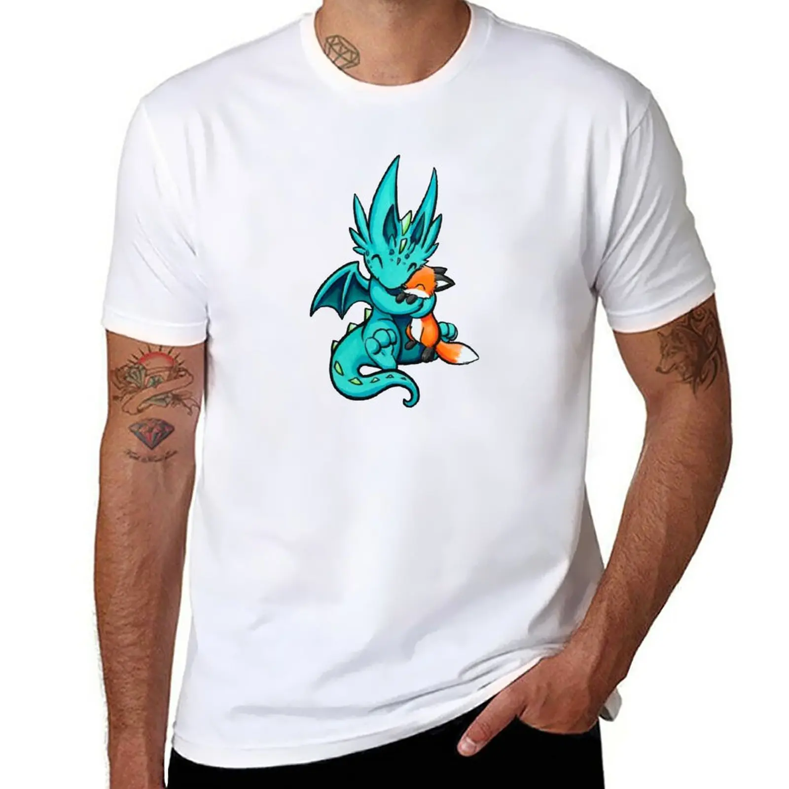 

New Dragon with Fox Friend T-Shirt shirts graphic tees man clothes blank t shirts vintage clothes Short sleeve tee men