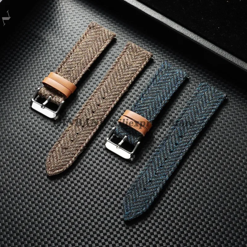 Vintage Leather Tweed Nylon Watchband Strap - Unisex Replacement Wristband with Tweed Fabric Accent