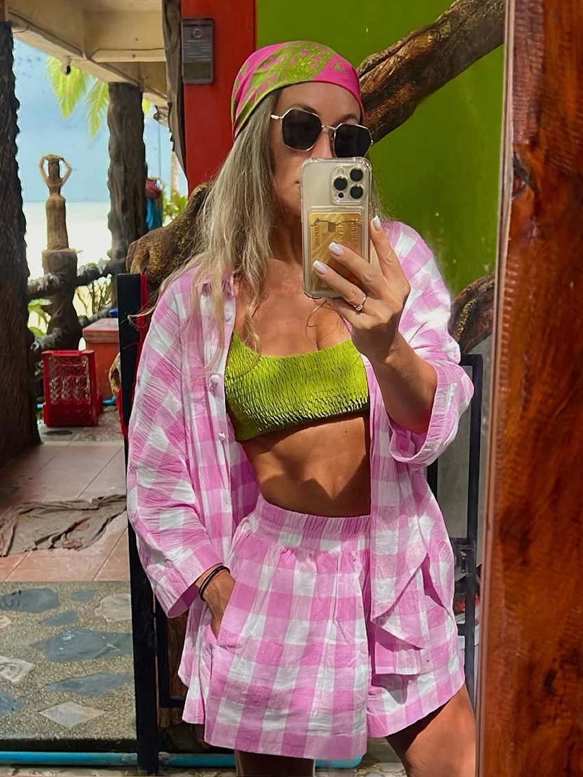 Marthaqiqi Plaid Ladies Nightgowns 2 Piece Suit Turn-Down Collar Sleepwear Long Sleeve Nightwear Shorts Casual Female Pajama Set