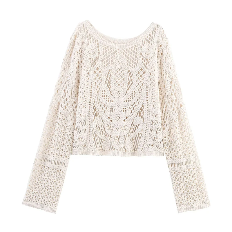 Women's Crochet Knit O-Neck Pullover - Spring Summer 2025