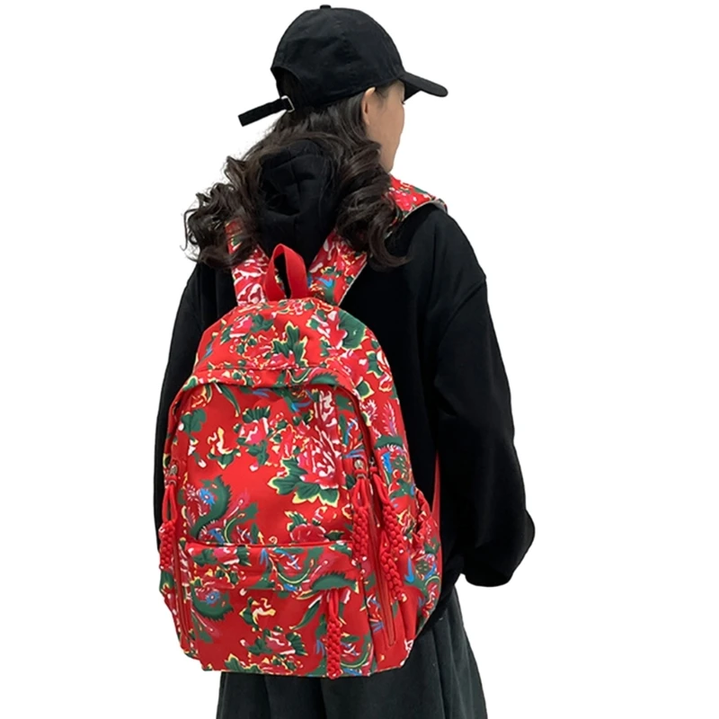 Chinese Ethnic Fashion Backpack Northeast Vintage Big Flower Printed Backpack Large Capacity School Bag for Women
