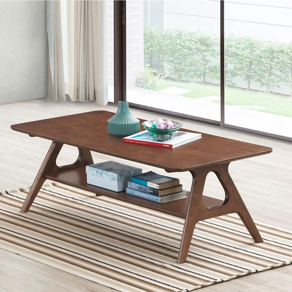 Mid-Century Modern Wood Coffee Table with Shelf Rectangular Table 3