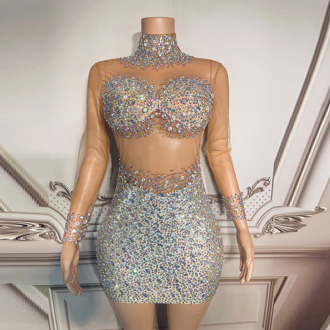 

Luxury Shiny Prom Dress with Water Diamond Splice Party Dress Women's Tight Short Skirt Singer Performance Dress