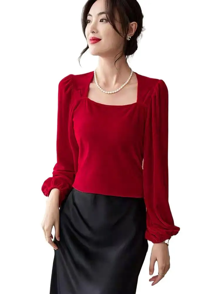 

Autunm Women Square Collar Lantern Sleeve Velvet shirt Top Blouse Spring Wine Red Black Velour Tops and Blouses Plus size 5XL