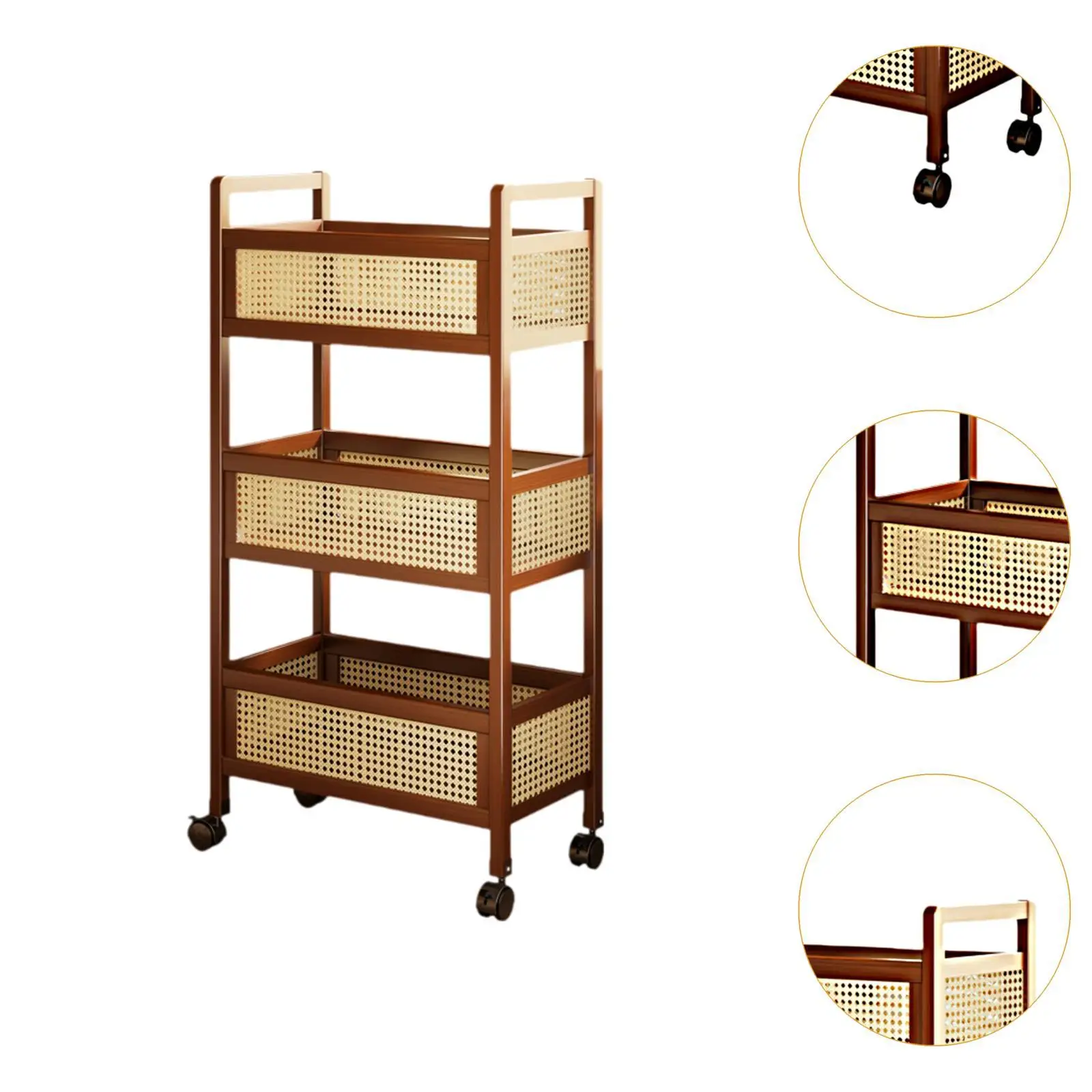 Wooden 3 Tier Rolling Utility Cart with Baskets Quick Installation for Home Office Versatile with Wheels 50x26x93cm Mobile Cart