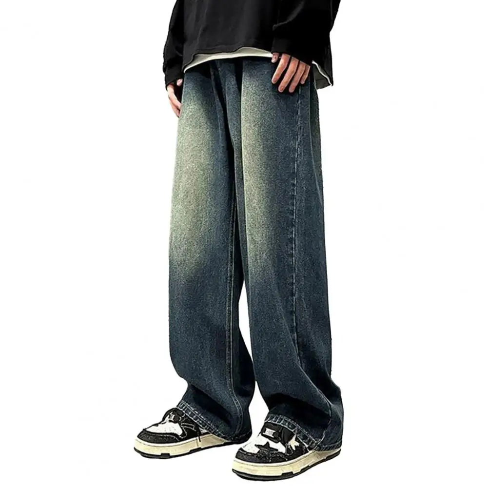 

Men Retro Washed Blue Jeans Retro Hip Hop Men's Jeans with Gradient Contrast Color Wide Leg Loose Fit Full Length Stylish for A