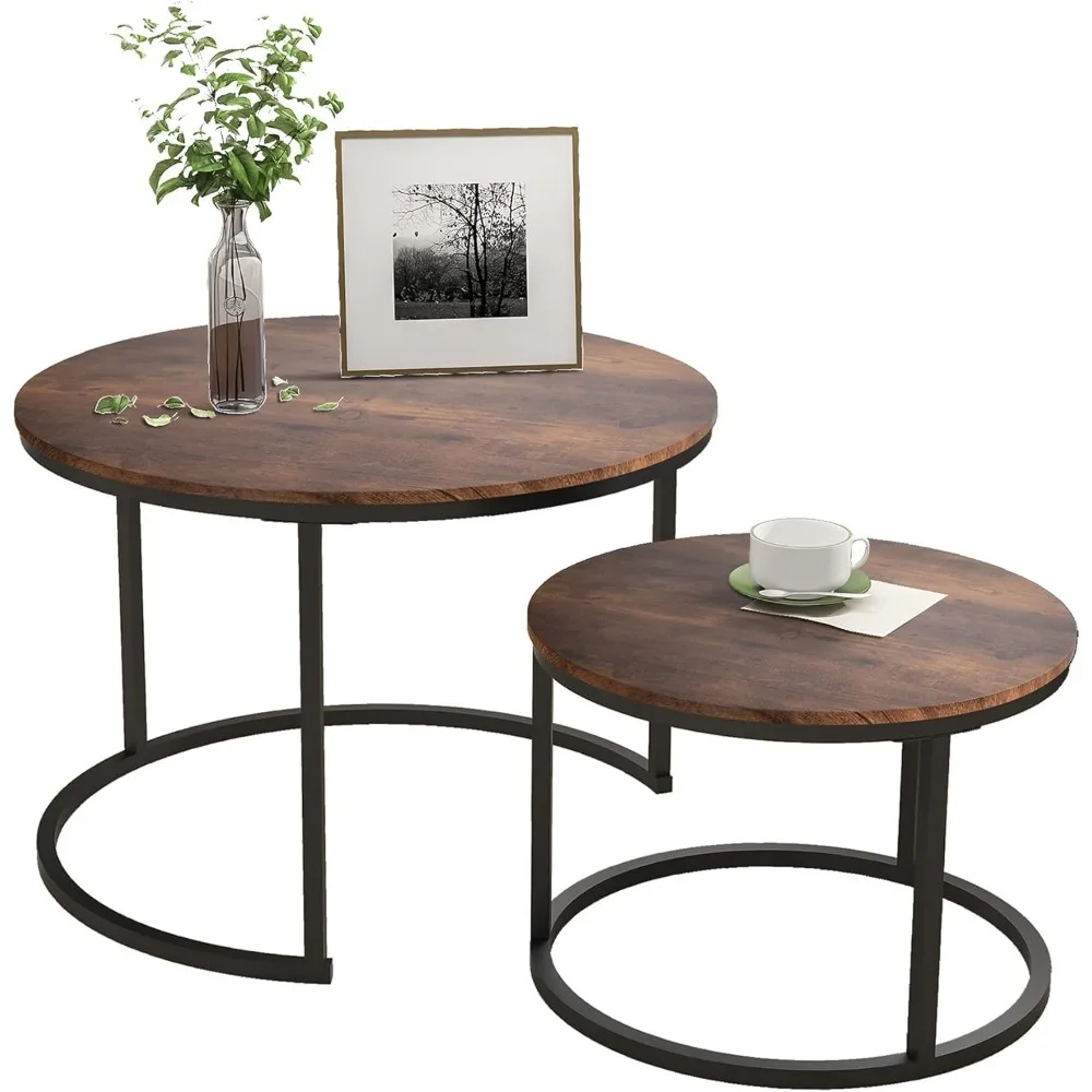 Café Tables,Industrial Round Coffee Table Set of 2 End Table for Living Room,Wood Furniture with Metal Frame,Café Tables images - 6