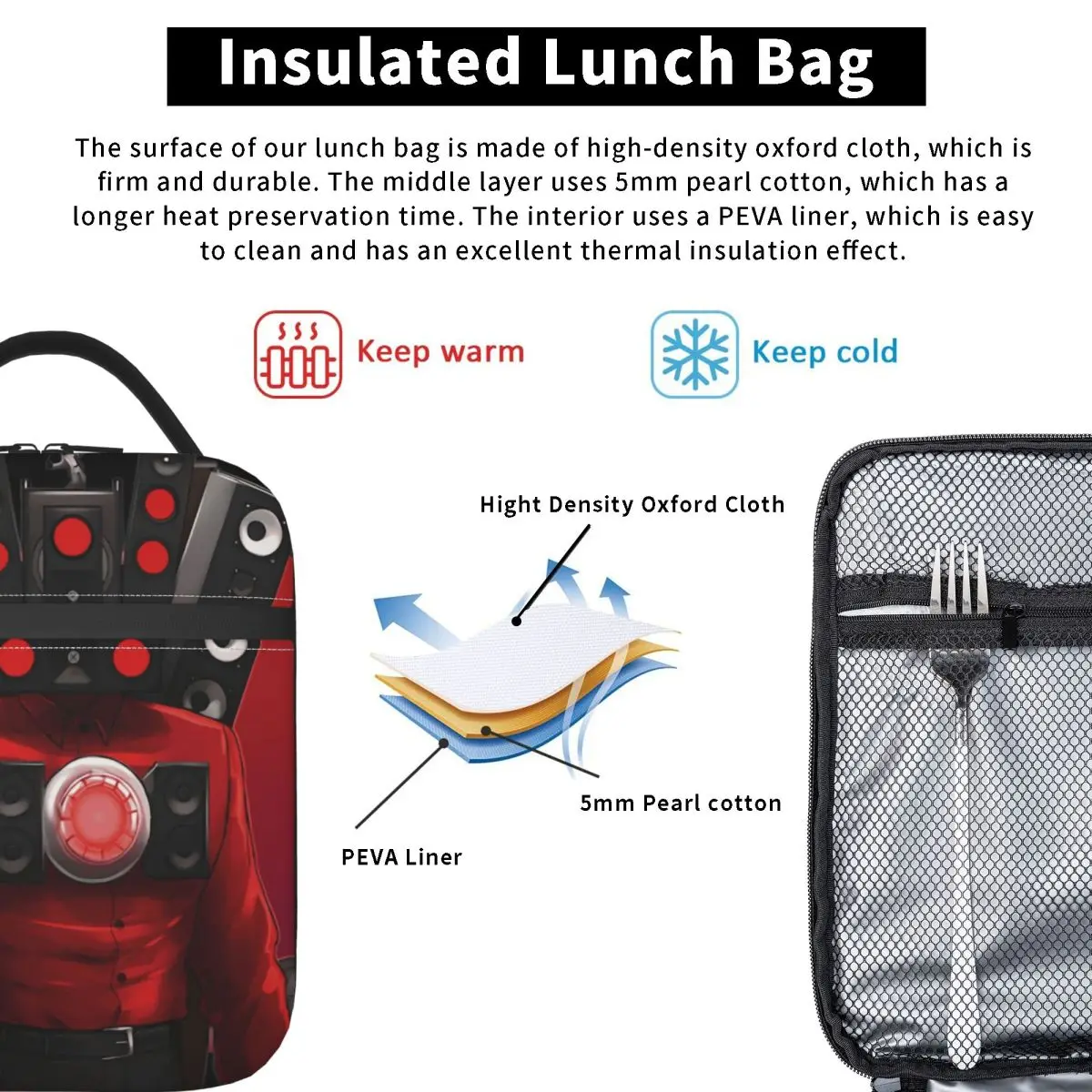 Skibidi Toilet Insulated Lunch Bag Thermal Bag Lunch Container Cartoon Cameraman Titan Tote Lunch Box Men Women School Picnic 4